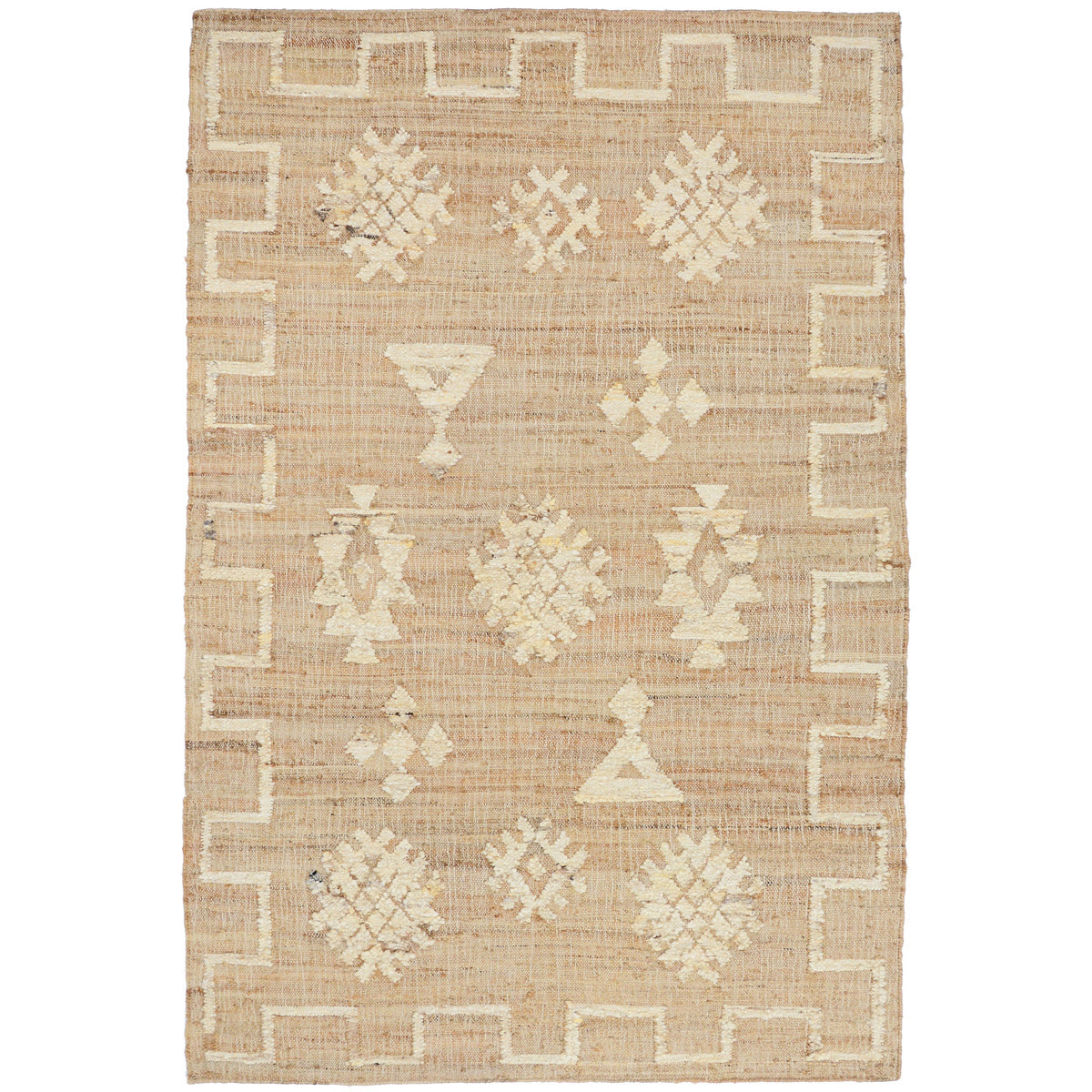 Beige area rug with geometric patterns on a white background