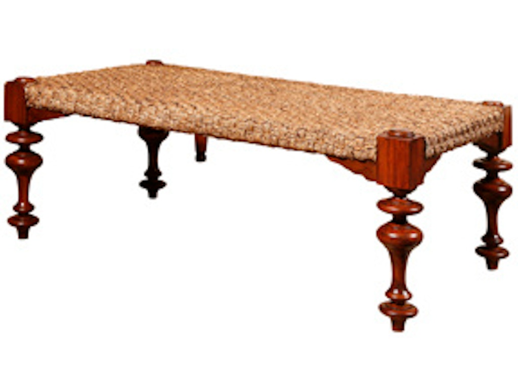 Wooden bench with woven seat on a white background