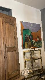 Mid-century Barbizon landscape oil painting in flat blocks of purple, green and gold