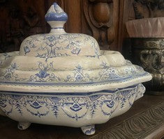 Limoges blue and white porcelain soup tureen with a fitted lid and finial