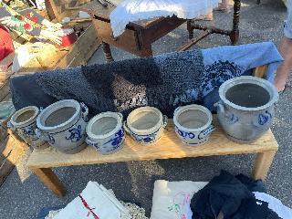 Six Alsatian salt-glazed stoneware crocks in grey with cobalt decoration and lug handles