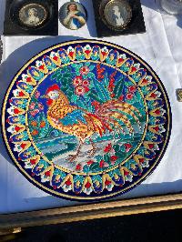 Longwy enamel plate with a scarlet and gold rooster on turquoise in a patterned border