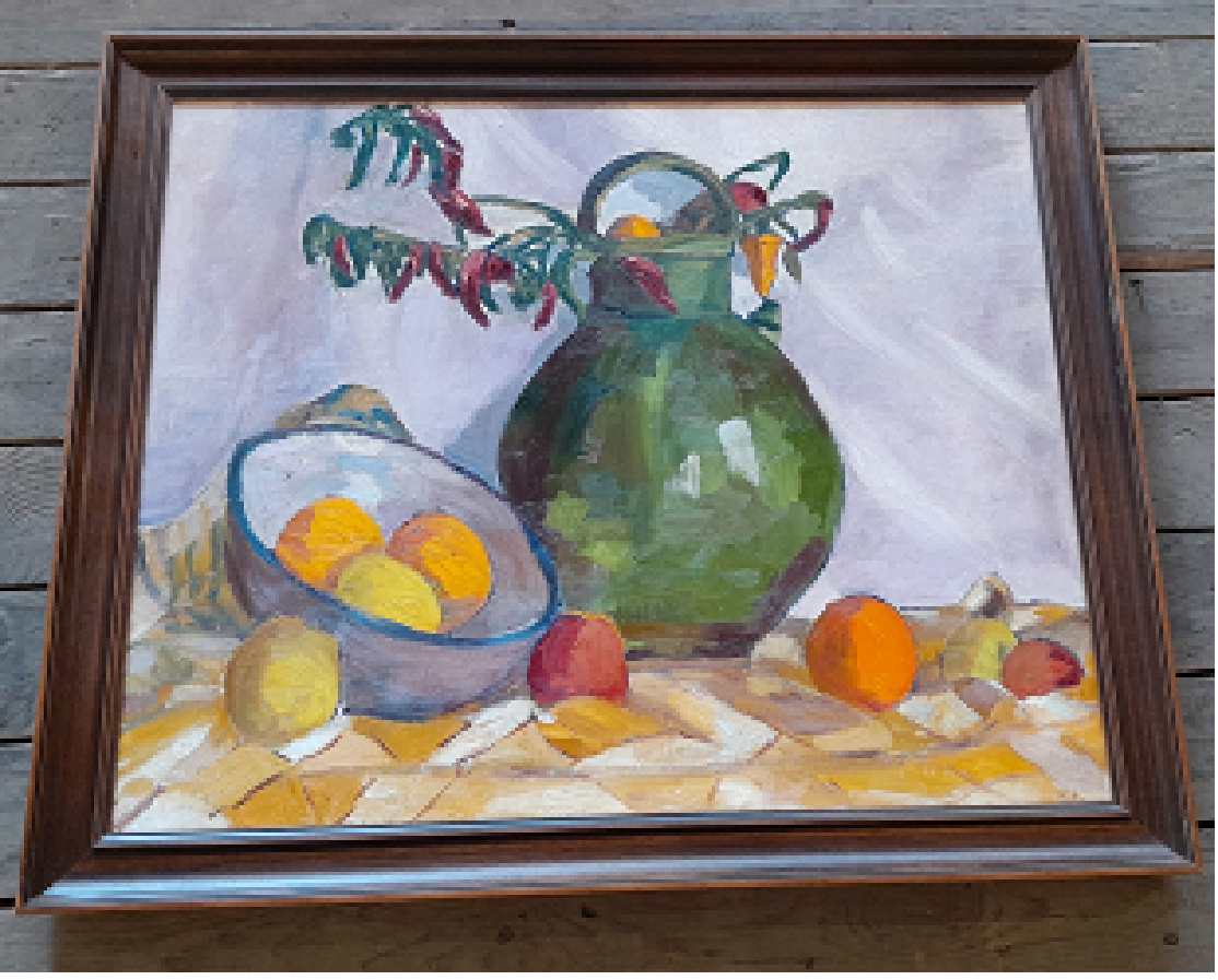 Still life oil painting of red and orange peppers and a green glass jug on a striped cloth