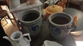 Pair of Alsatian salt glazed stoneware crocks in grey with cobalt blue decoration