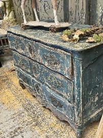 Louis XV serpentine commode in weathered blue green paint with bronze mounts