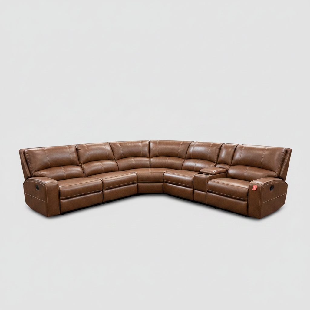 A curved brown leather sectional sofa with multiple seat cushions and a center console, photographed on a plain light gray studio background.