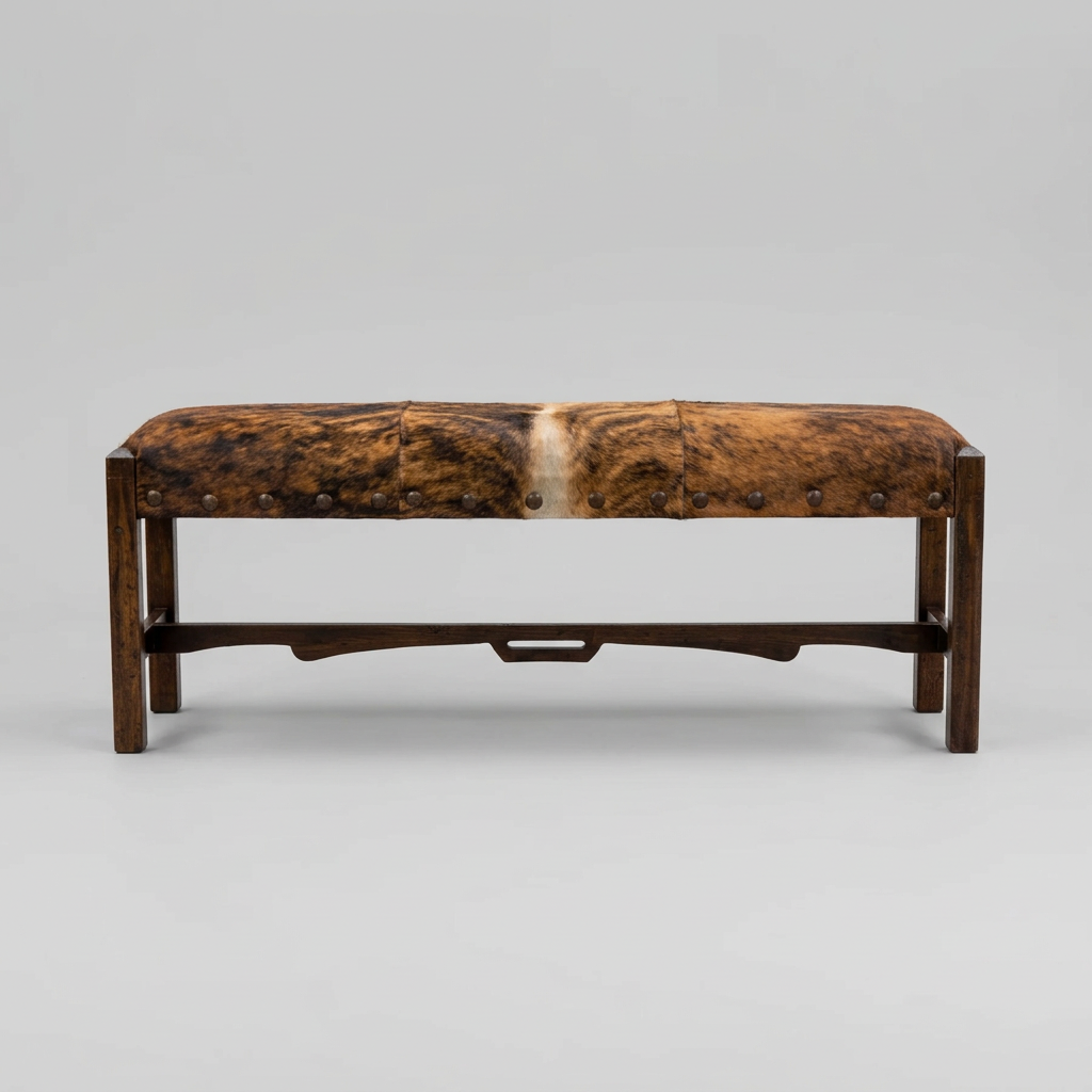 A rustic wooden bench with a tufted seat upholstered in brown and black cowhide featuring a natural white center stripe, set against a neutral gray background.