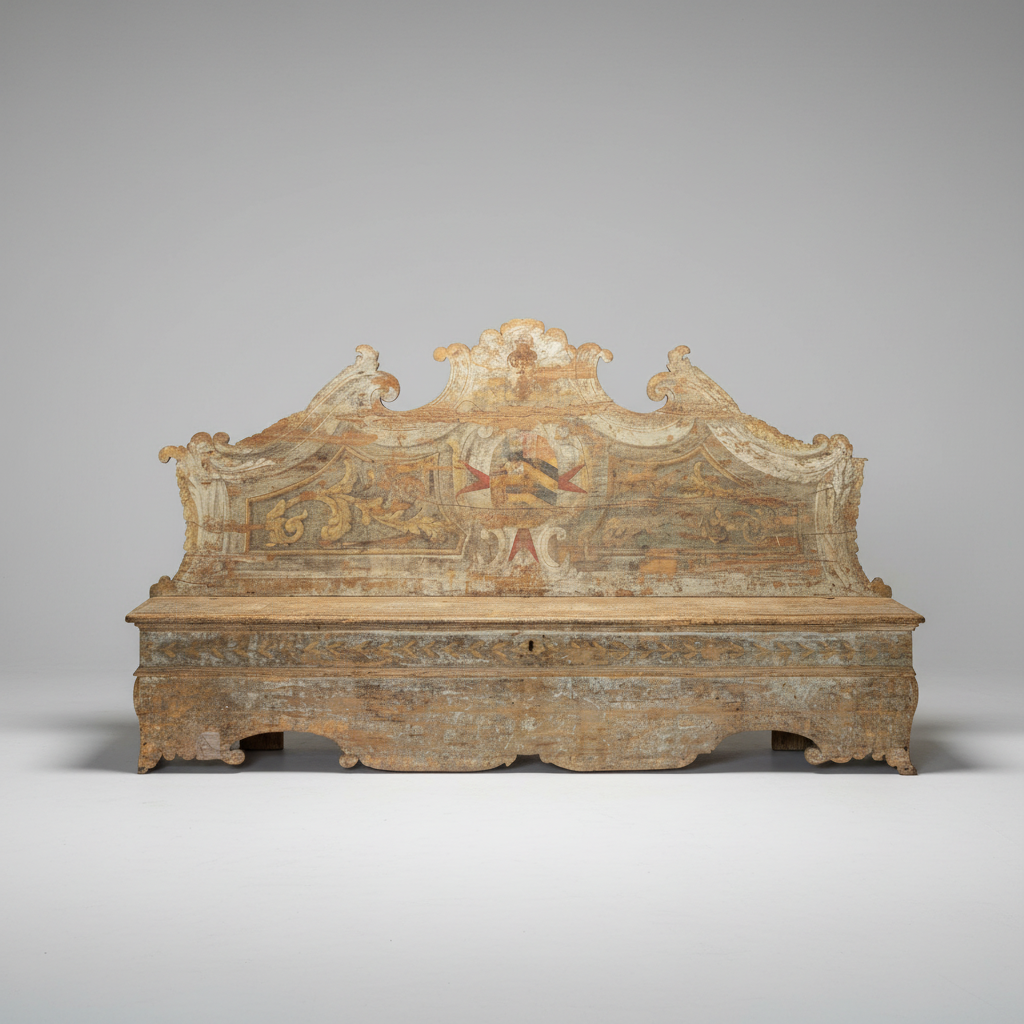 An antique carved wooden chest or trunk with a highly decorative, painted back panel featuring classical figures and landscapes, set against a neutral gray studio background.