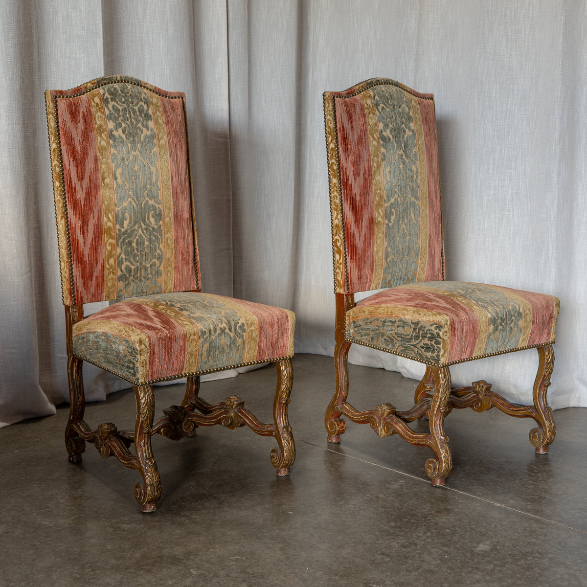 Circa 1880 Henri III Style Velvet Chairs with Carved Legs, Pair