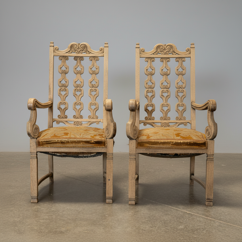 A pair of ornate vintage wooden dining chairs with carved scrollwork backs and mustard yellow upholstered seats, set against a plain gray studio background.