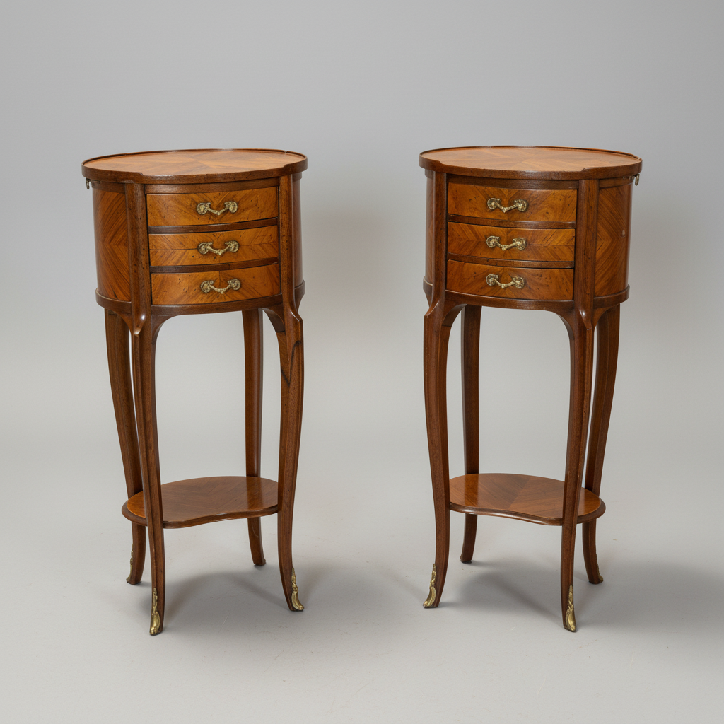 A pair of matching wooden side tables with curved oval tops, three drawers with brass handles, curved legs, and an open shelf, photographed on a light gray studio background.