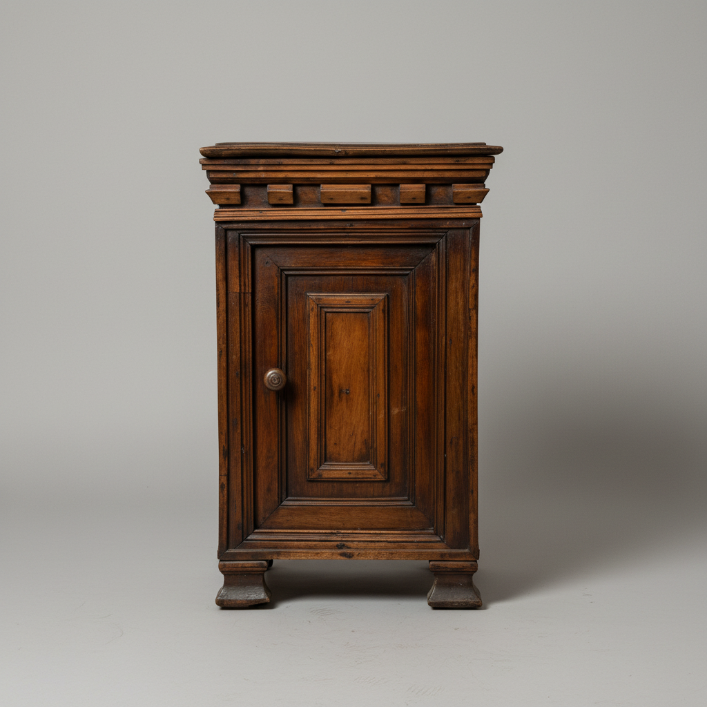 A small antique wooden cabinet with a single paneled door, round metal knob, and decorative top, photographed against a neutral gray studio background.