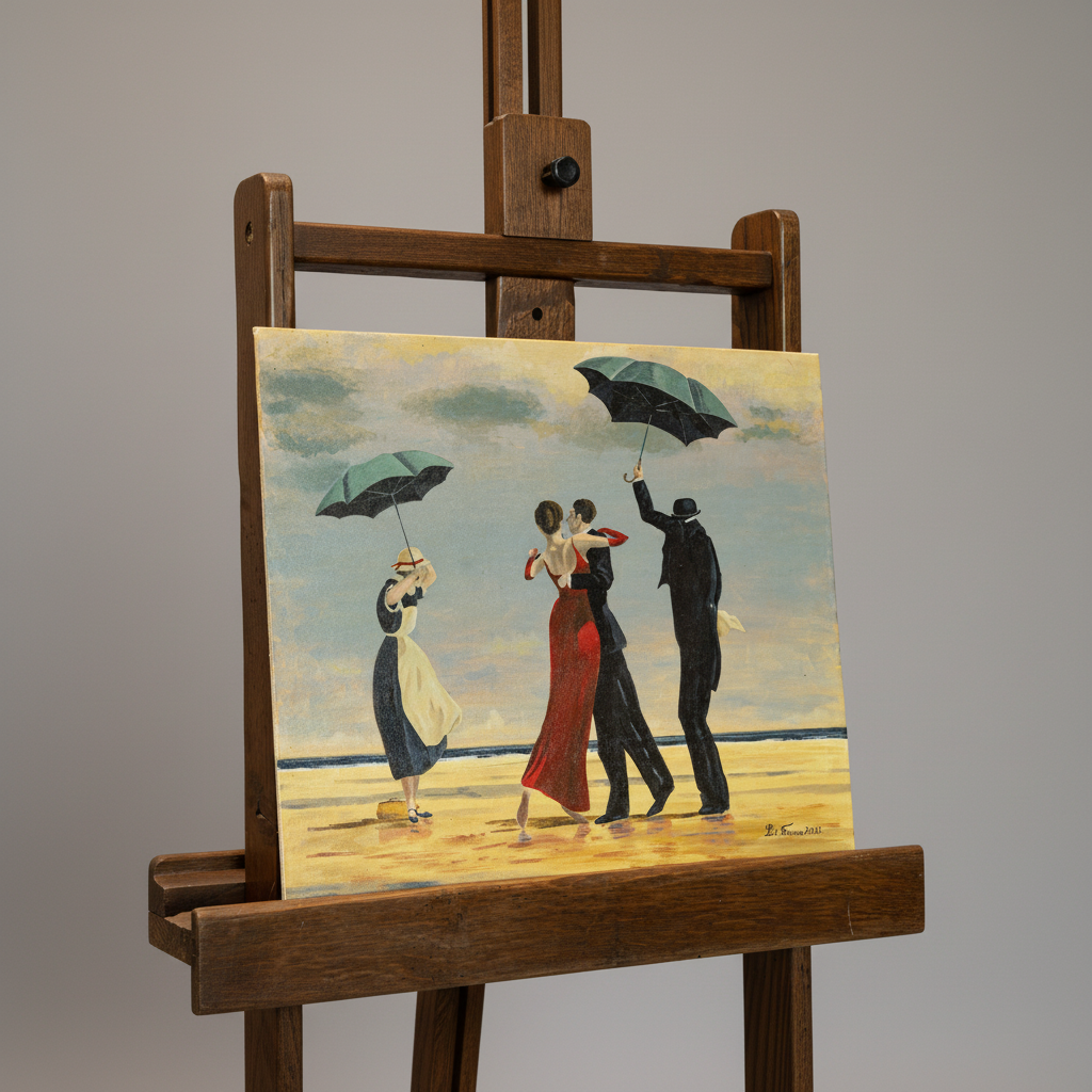 A square oil painting on canvas depicting a retro scene of four people dancing and holding umbrellas on a beach, displayed on a wooden artist easel against a neutral gray background.