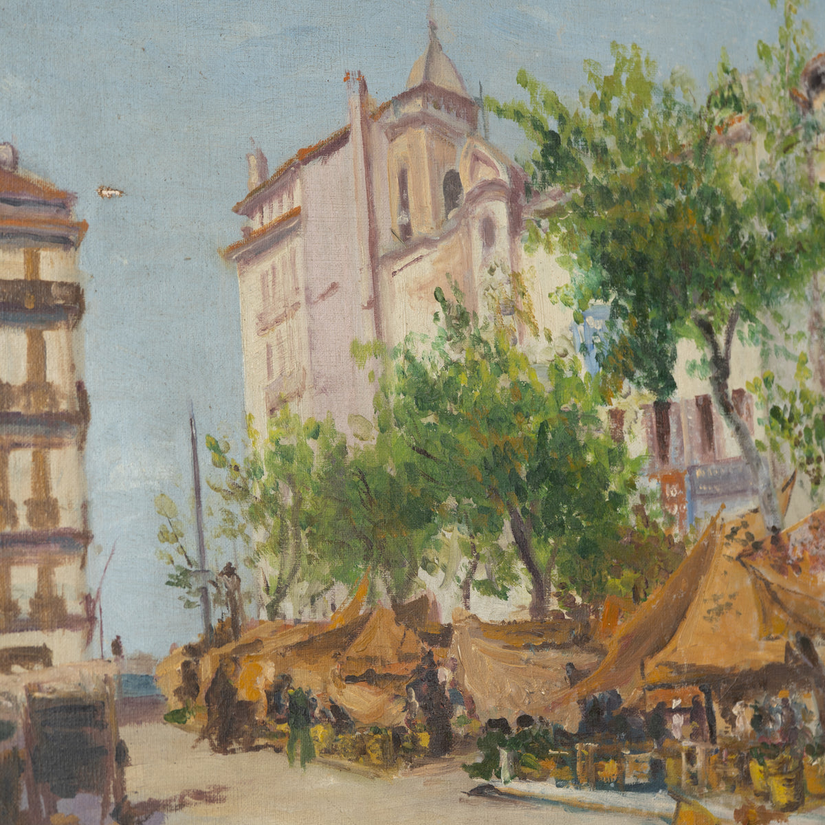 Impressionist-style painting of an outdoor street scene with market tents, green trees, and buildings under a pale blue sky.