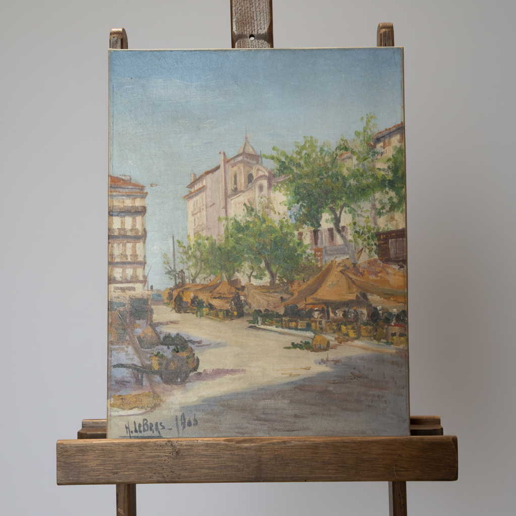 An oil painting of a European street scene with market stalls, trees, and a church, displayed on a wooden easel against a neutral gray background.