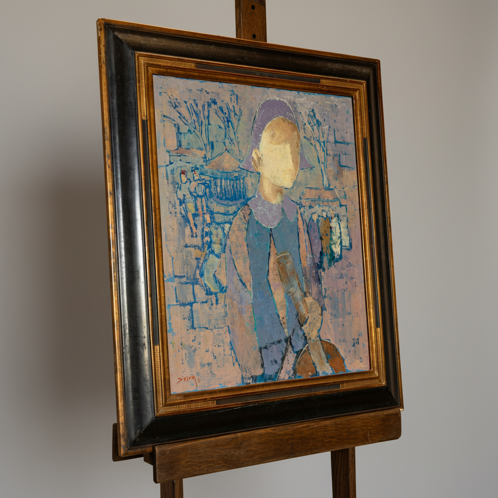 A framed painting on an easel, depicting a stylized figure in blue and beige tones against a light gray wall background.