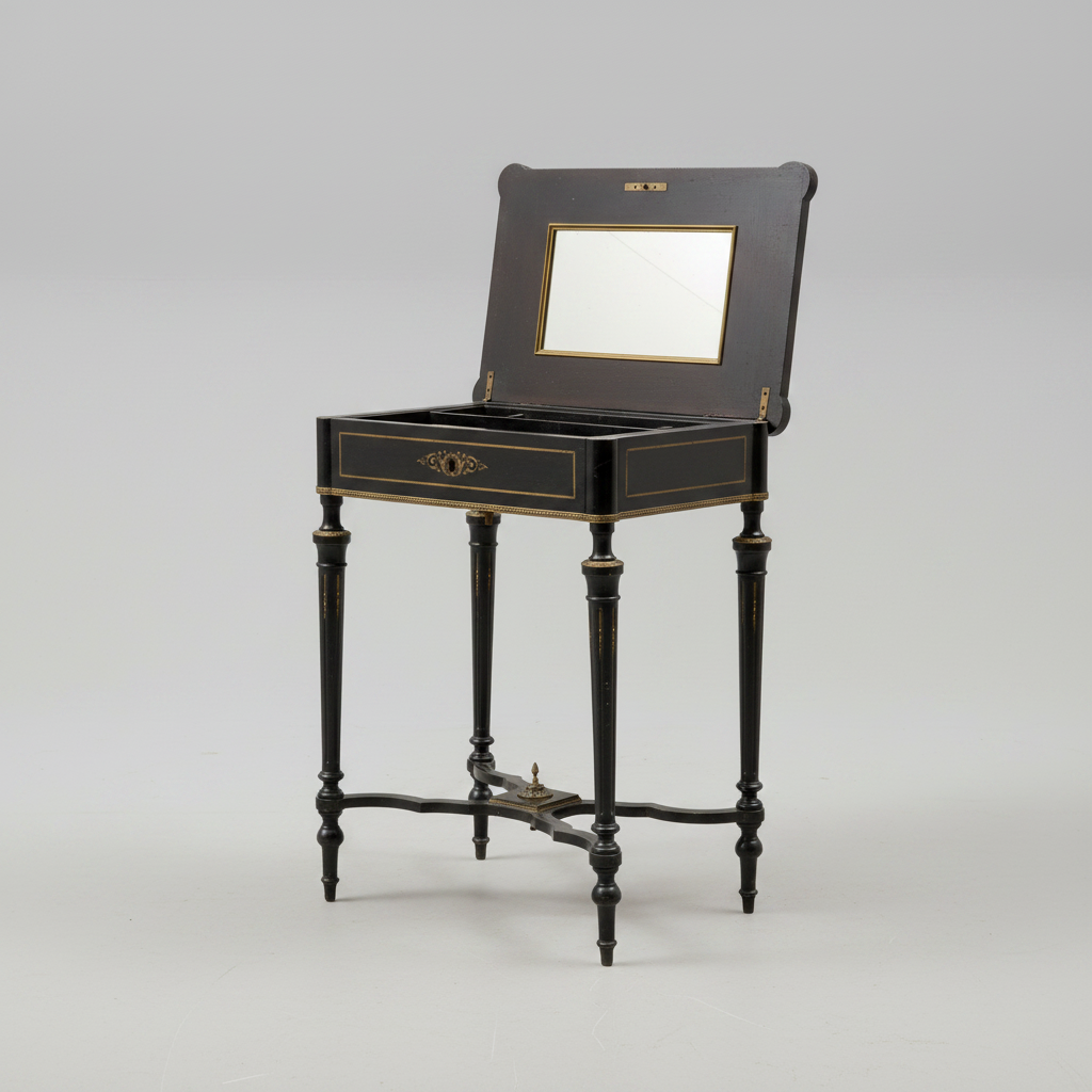 A vintage black lacquered jewelry box with gold trim, featuring a hinged lid with an inset mirror, a single drawer, and four turned legs on a light gray studio background.