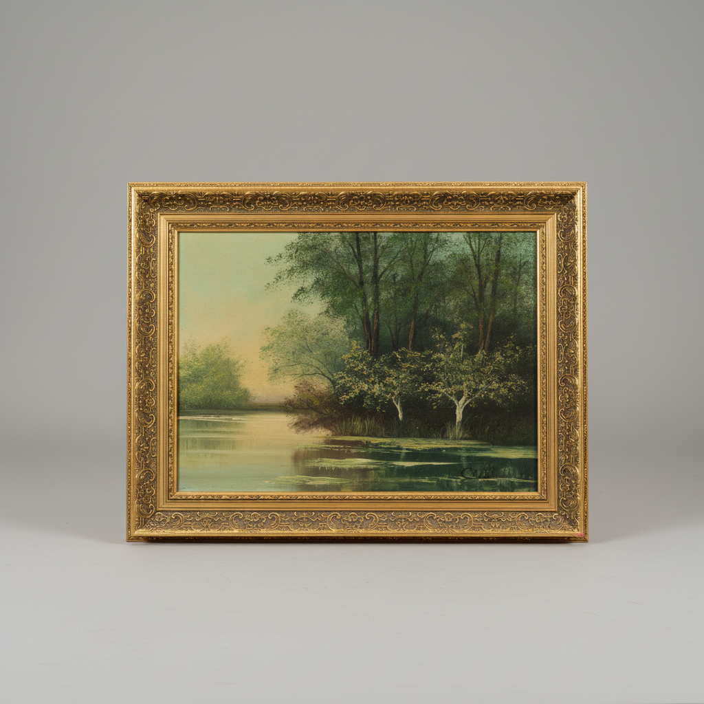 A framed landscape oil painting depicting a serene lake or river scene with trees, reeds, and soft green and blue tones, set in an ornate gold frame against a neutral gray background.
