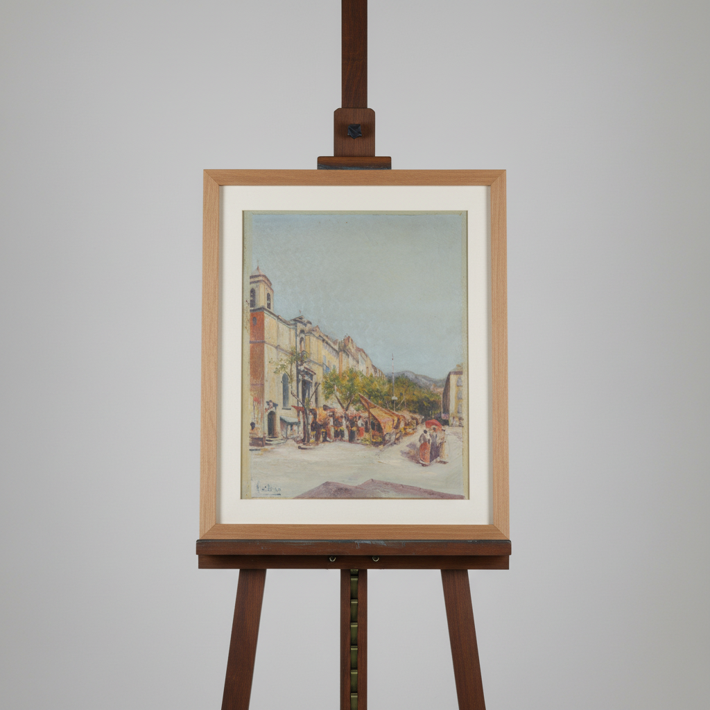 A framed watercolor painting of a street scene with buildings and figures, displayed on a wooden easel against a light gray background.