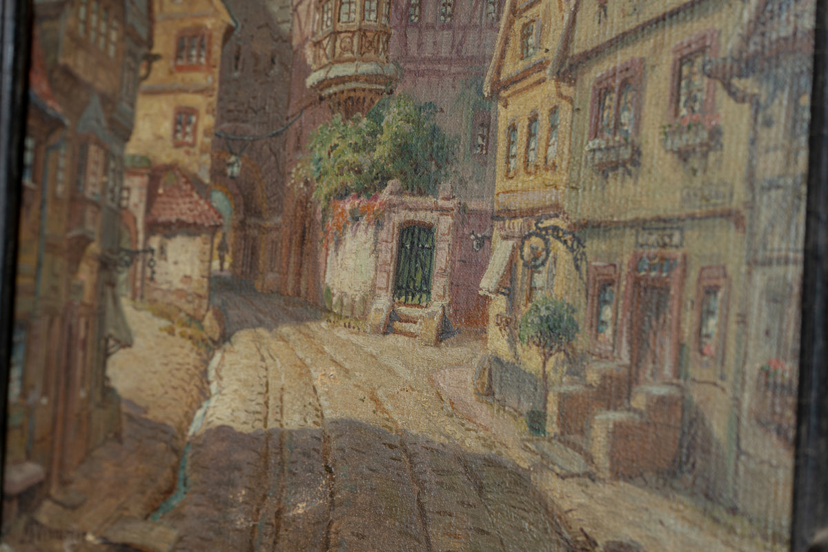 A textured oil painting of a European street scene with half-timbered houses, cobblestone paths, and warm sunlight casting shadows.