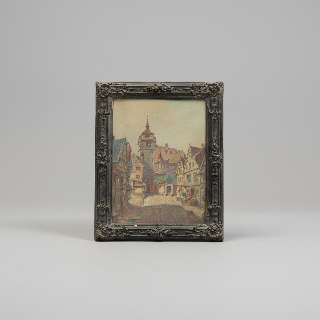A framed vintage oil painting depicting a European town street with historic buildings and a tower, set in an ornate dark gray baroque-style frame against a neutral gray background.