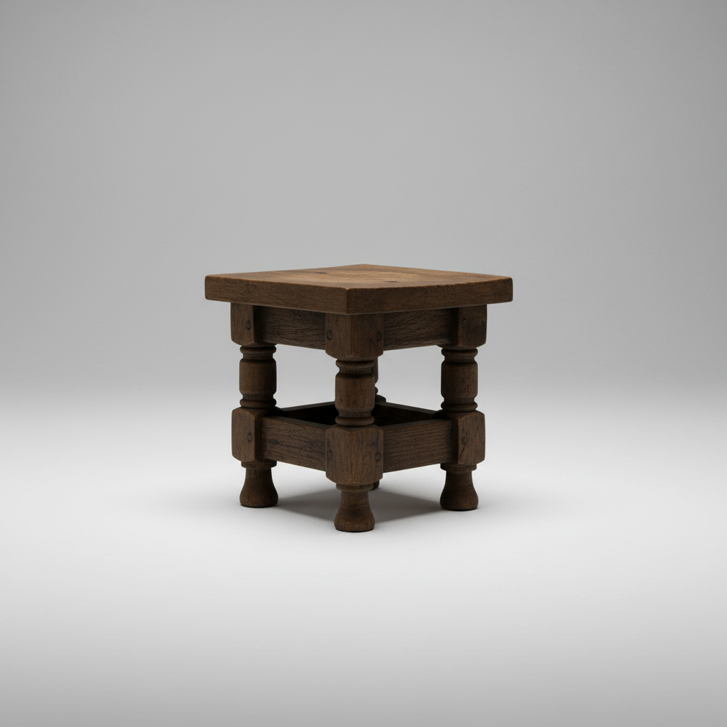 A small dark brown wooden stool with turned legs and a square seat, shown on a clean light gray studio background.