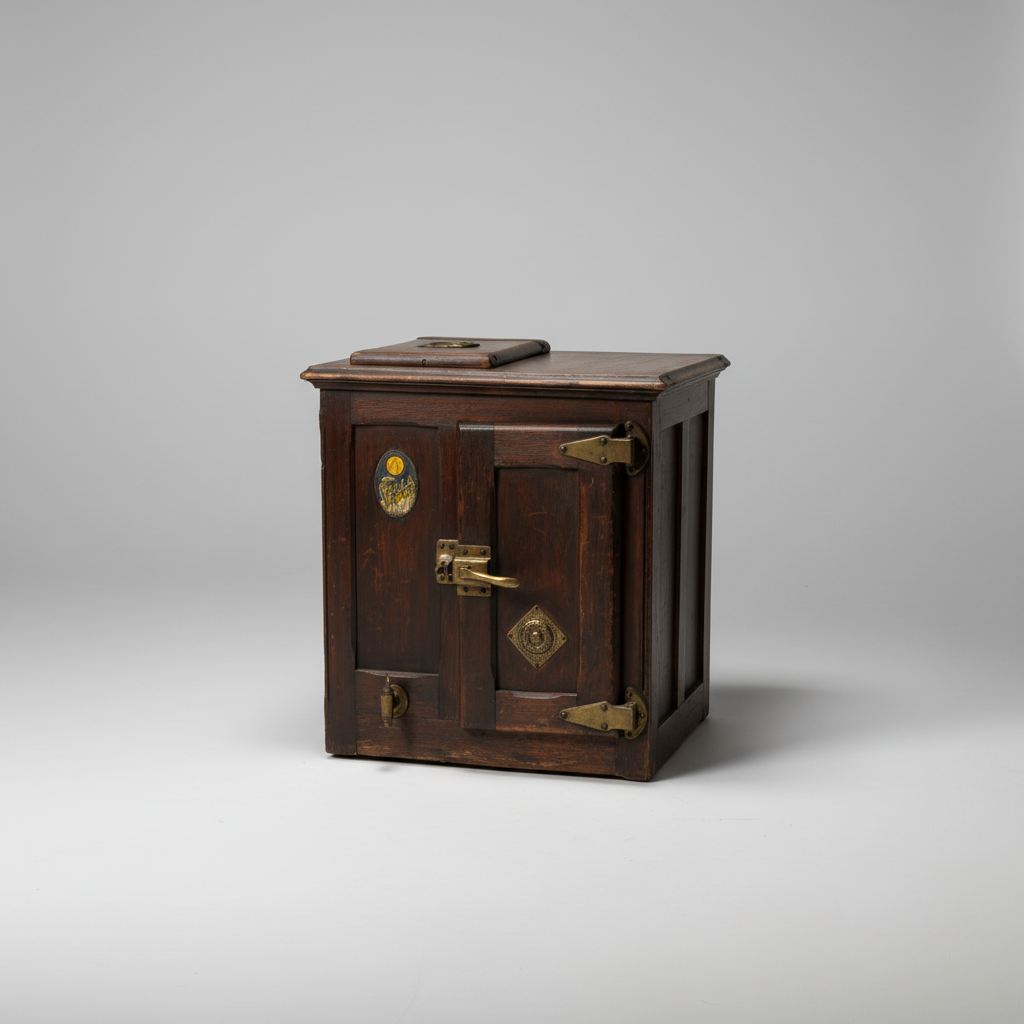 A small dark brown wooden cabinet with brass hardware, featuring two doors, a latch, and decorative brass corner brackets, photographed on a light gray studio background.