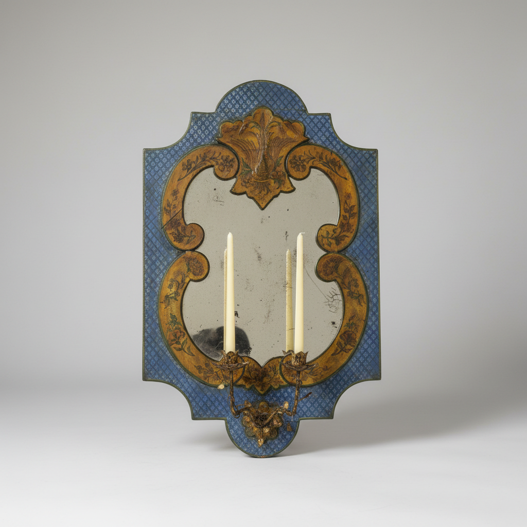 An ornate antique-style wall mirror with a blue patterned border and gilded scrollwork, holding two candle sleeves with cream candles, photographed against a neutral studio background.