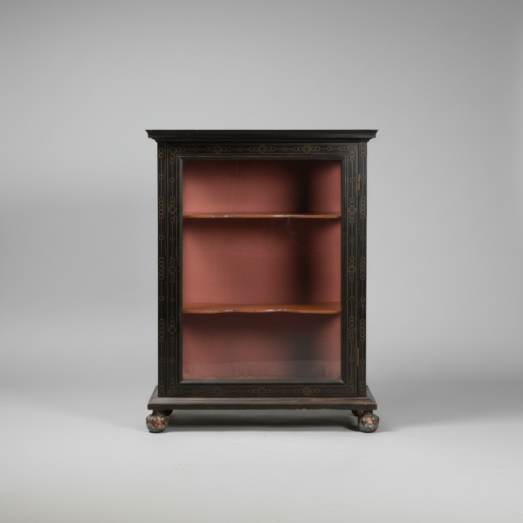 A vintage black lacquered bookcase cabinet with ornate gold detailing, a reddish-brown interior lining, and small claw feet, photographed against a neutral gray studio background.