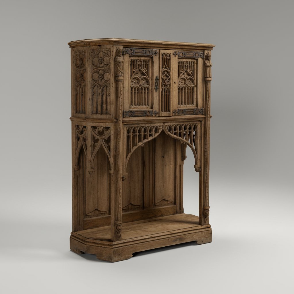 An ornate Gothic-style wooden cabinet or fireplace surround with carved floral and tracery details, shown on a clean light gray studio background.