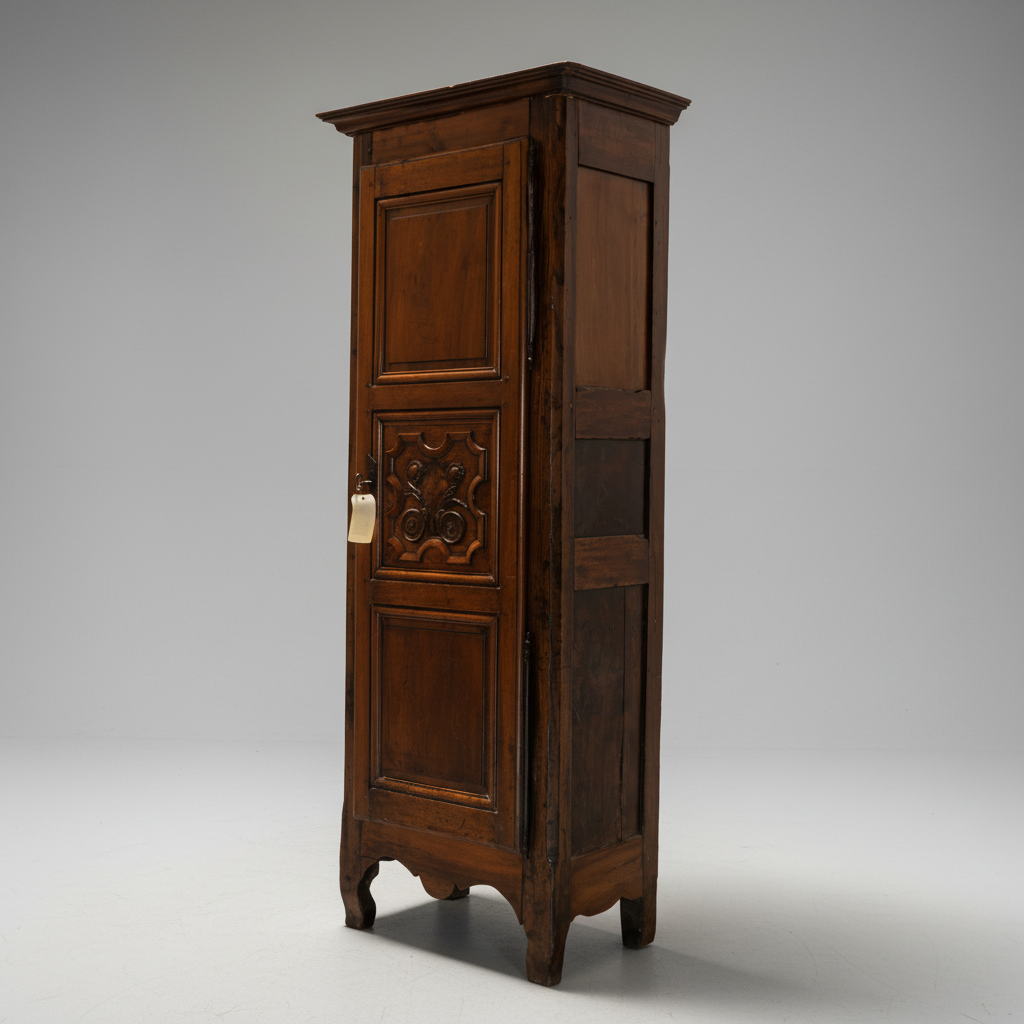 A tall, narrow antique wooden cabinet with a dark brown finish, featuring a carved door panel and a small white tag on the left side, photographed against a neutral gray studio background.