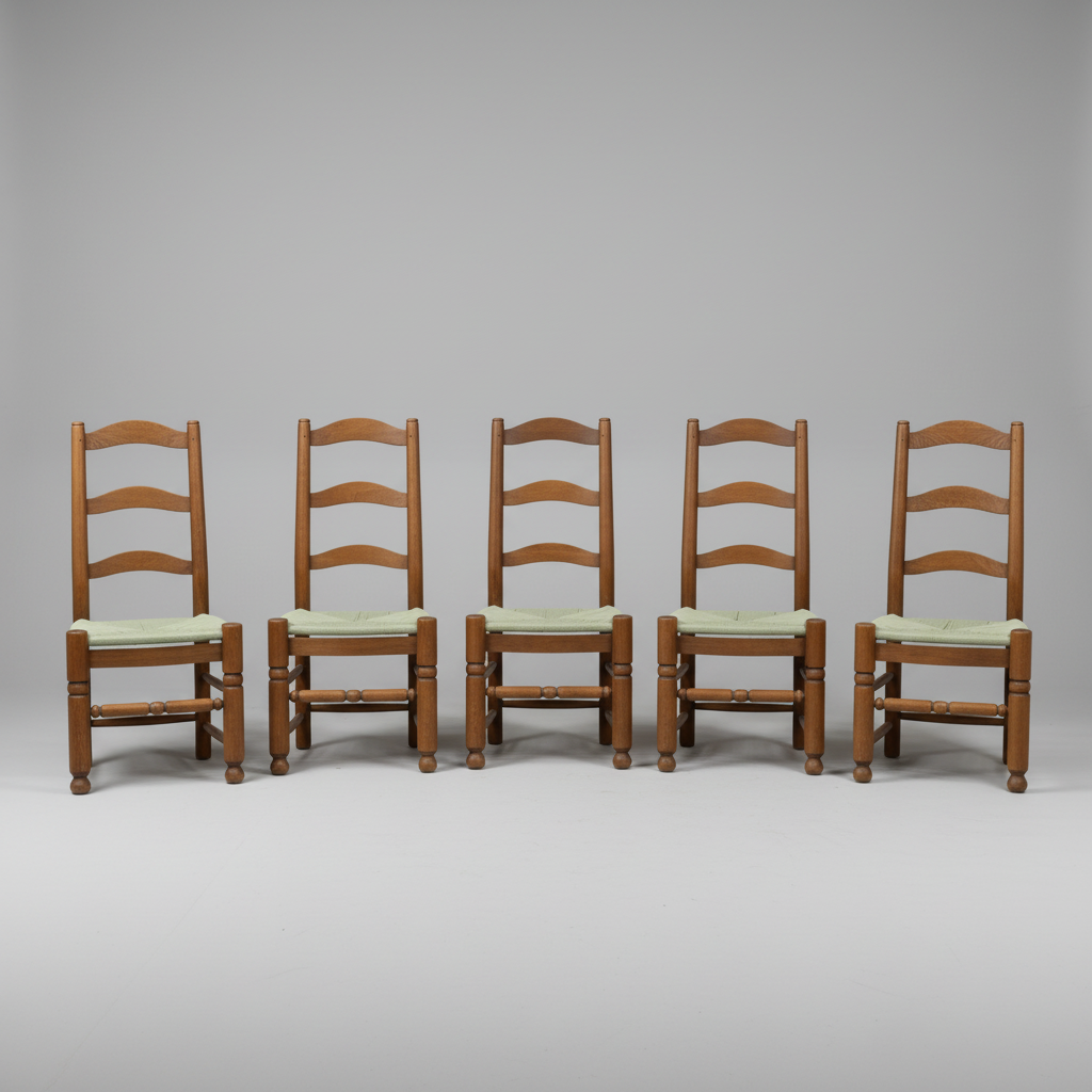 Circa 1900 Antique French Straw Seat Dining Chairs, Set of 5