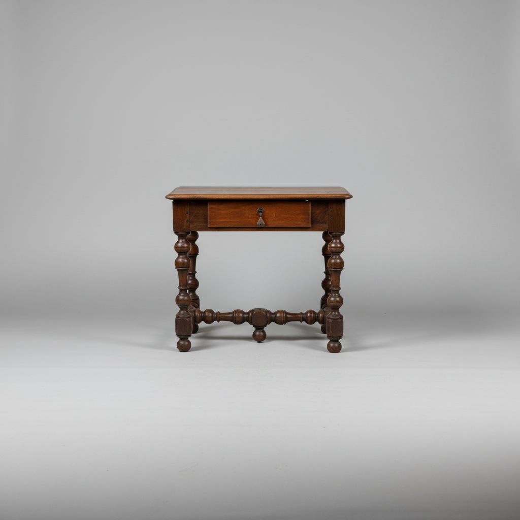 A vintage wooden writing desk with turned spindle legs and a single drawer, photographed against a neutral gray studio background.