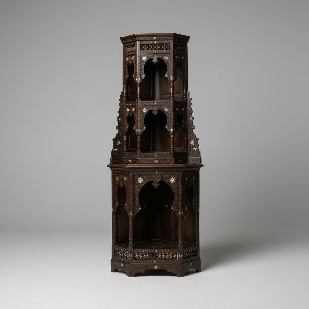 An ornate dark brown wooden display cabinet with intricate gold and silver inlay details, featuring multiple tiers of arched niches, photographed on a neutral gray studio background.