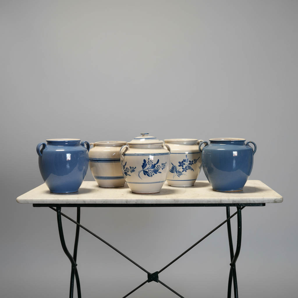 Five ceramic jars and canisters displayed on a white marble-top folding table against a plain light gray studio background. The set includes two glossy cobalt blue lidded jars with side handles, two cream-and-blue floral canisters, and one cream-and-blue striped lidded jar.