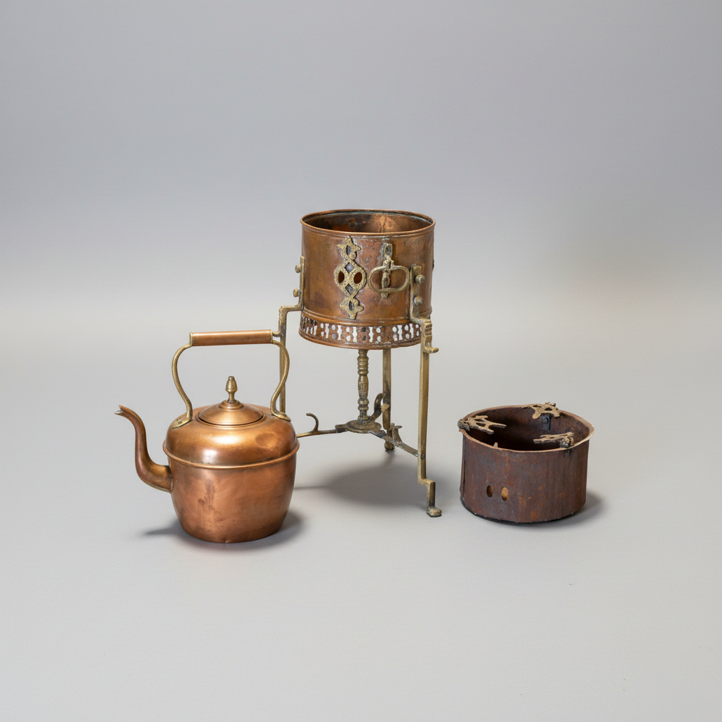 A vintage copper teapot with a wooden handle stands next to a brass tripod stand holding a matching copper pot, with a separate copper container placed on the floor, all photographed on a light gray studio background.
