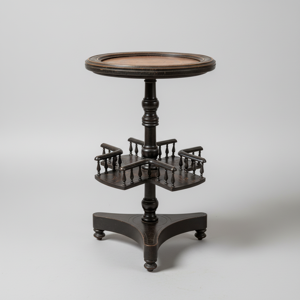 An antique dark wood pedestal table featuring a round upholstered top, a central turned stem, and a three-tiered side-arm rack on a star-shaped base, photographed against a neutral light gray background.
