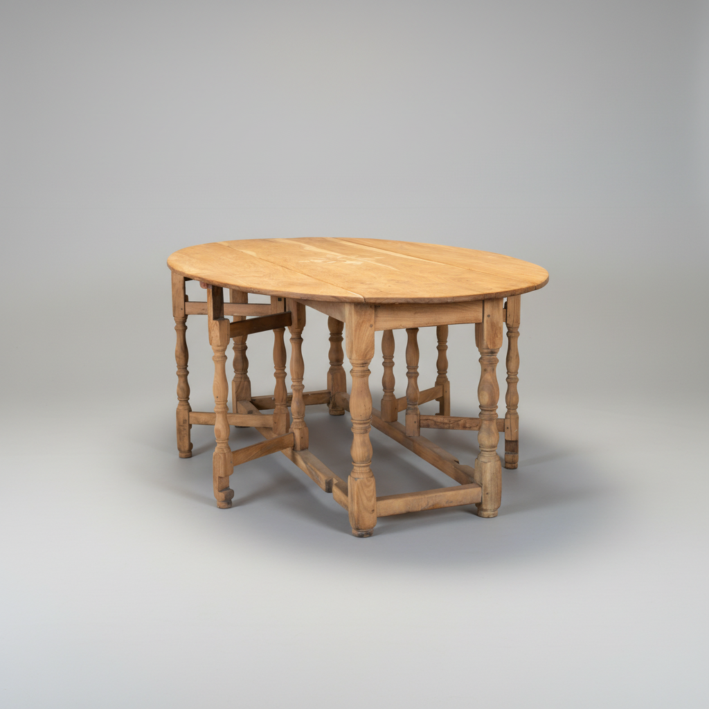 A light natural wood oval table with turned spindle legs and stretchers, photographed on a seamless light gray studio background.