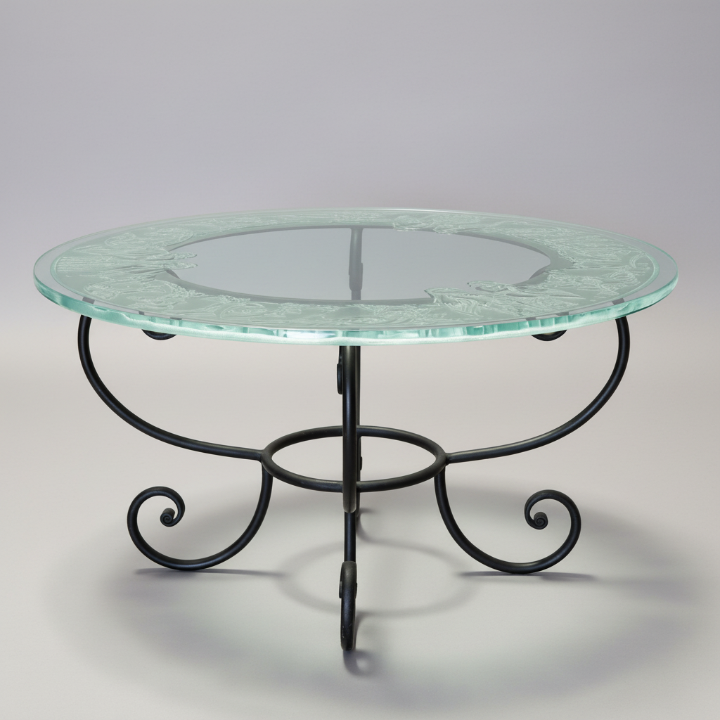 Round glass-top table with a pale green etched or embossed floral pattern and a black wrought-iron scroll base, shown on a light gray studio background.