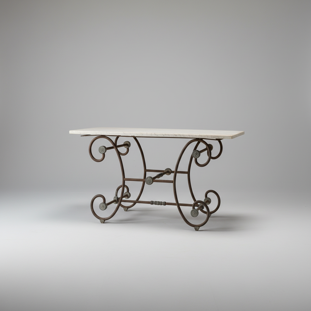 A console table featuring a rectangular white marble top and an ornate dark brown wrought iron base with scrollwork and decorative metal accents, photographed against a neutral gray studio background.
