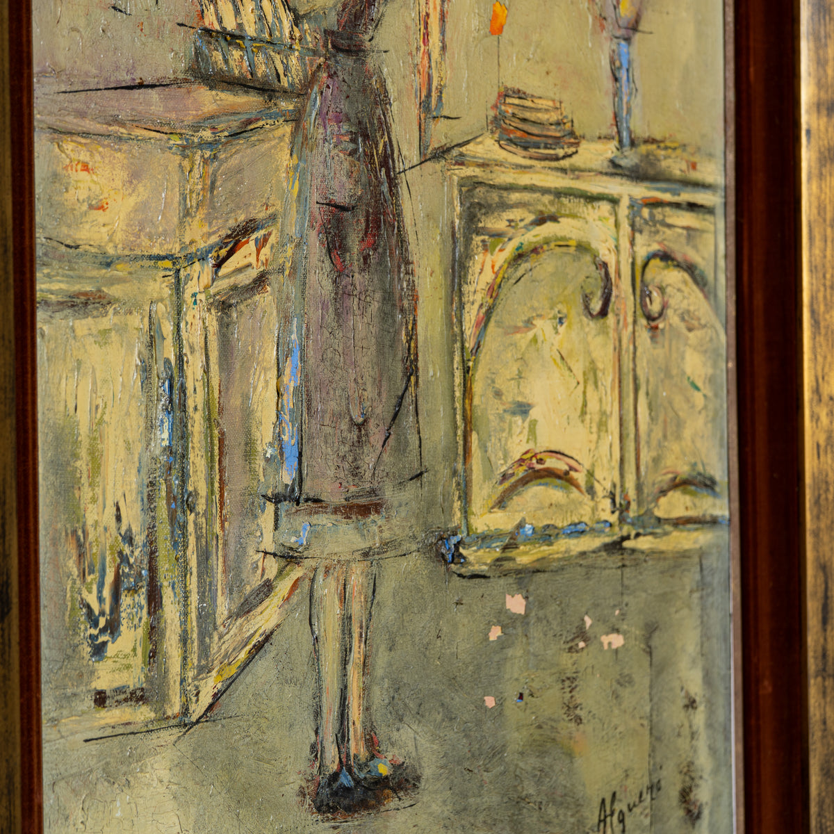 An abstract painting depicting a figure standing in a room with furniture, rendered in textured brushstrokes of beige, gray, brown, and muted blue tones, framed in dark wood.