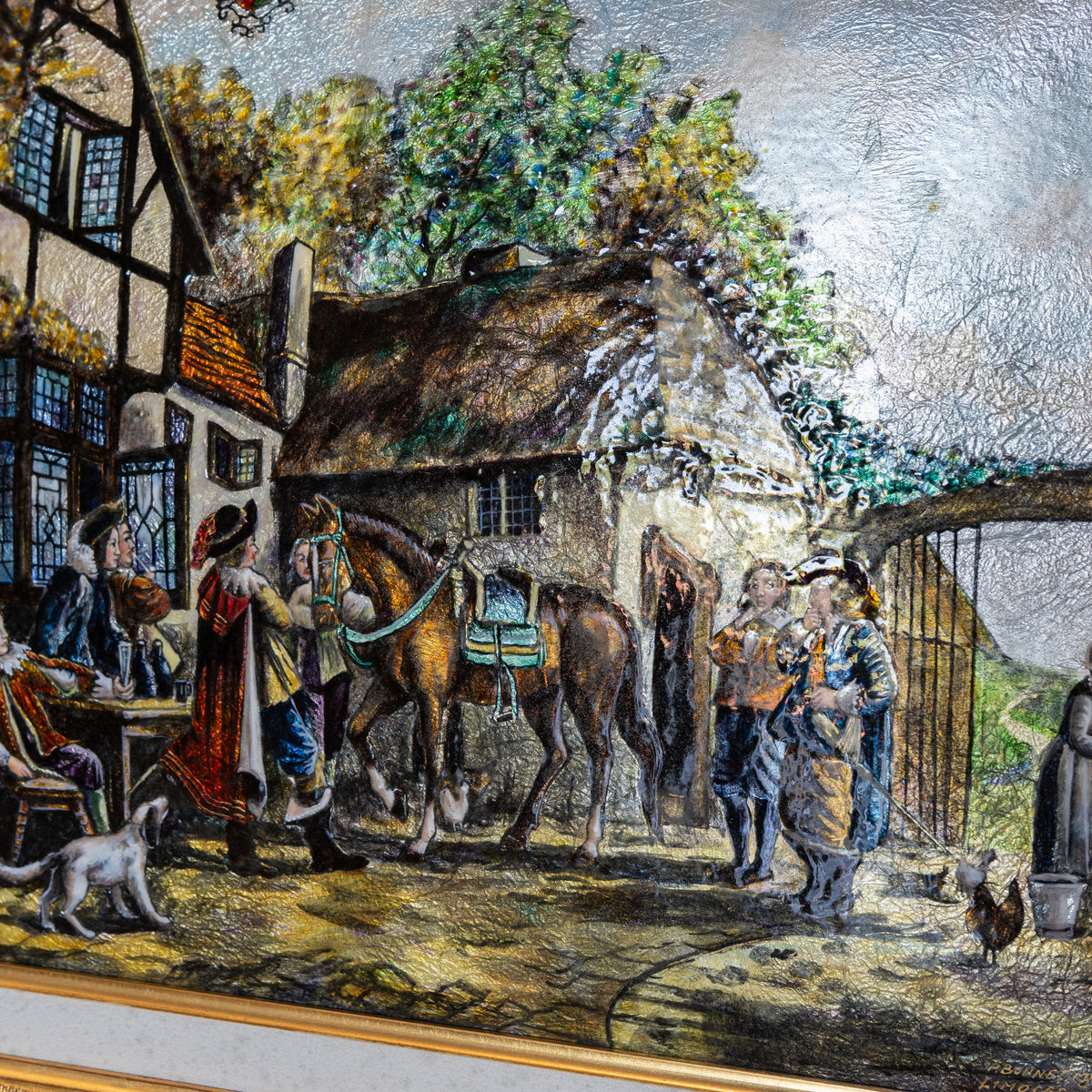 A close-up of a textured oil painting depicting a historical village street scene with people, horses, a thatched cottage, and trees. The artwork shows visible brushwork and a gold-toned painted border along the bottom edge.