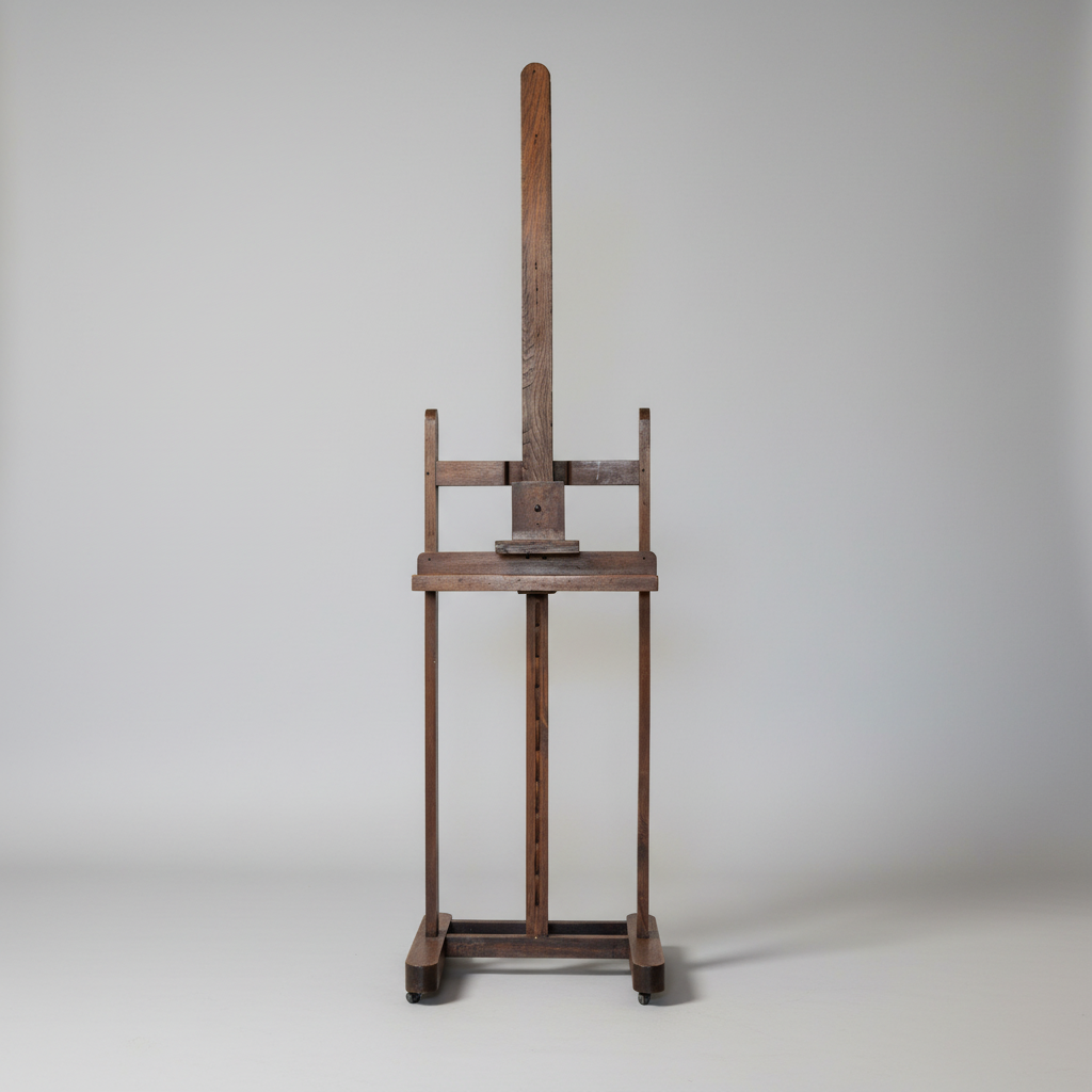 A vintage wooden artist easel with a dark brown finish and adjustable height, photographed against a neutral light gray background.