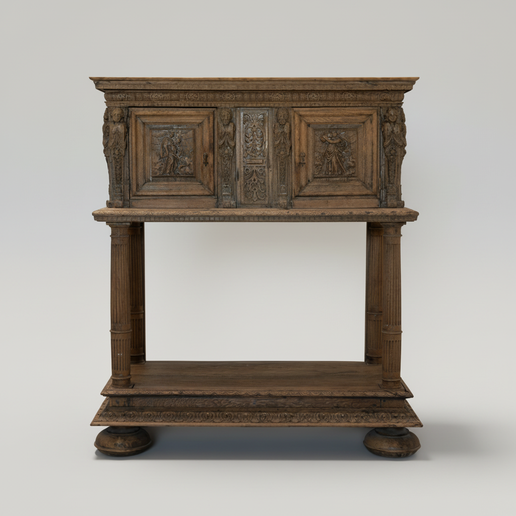 An antique carved wooden console table or cabinet with two doors, a central panel, a lower shelf, and decorative legs, shown against a light gray studio background.