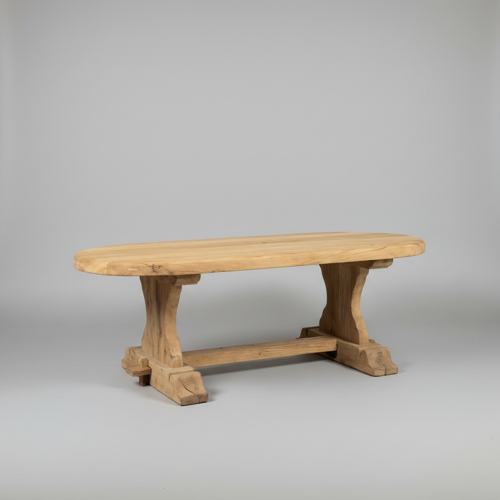 A rustic wooden bench with a thick oval top, carved trestle-style legs, and a lower support beam, photographed on a seamless light gray studio background.