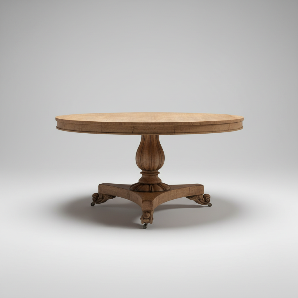 An antique round wooden pedestal table with a light natural wood top and a darker brown carved base on casters, shown against a neutral gray studio background.