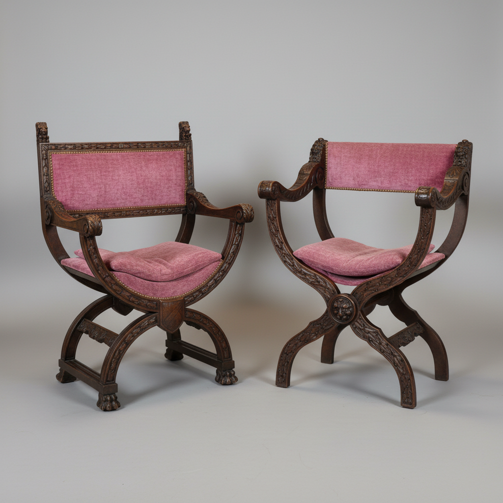 Two ornate carved wooden armchairs with pink upholstered backs and seats, photographed on a light gray studio background.