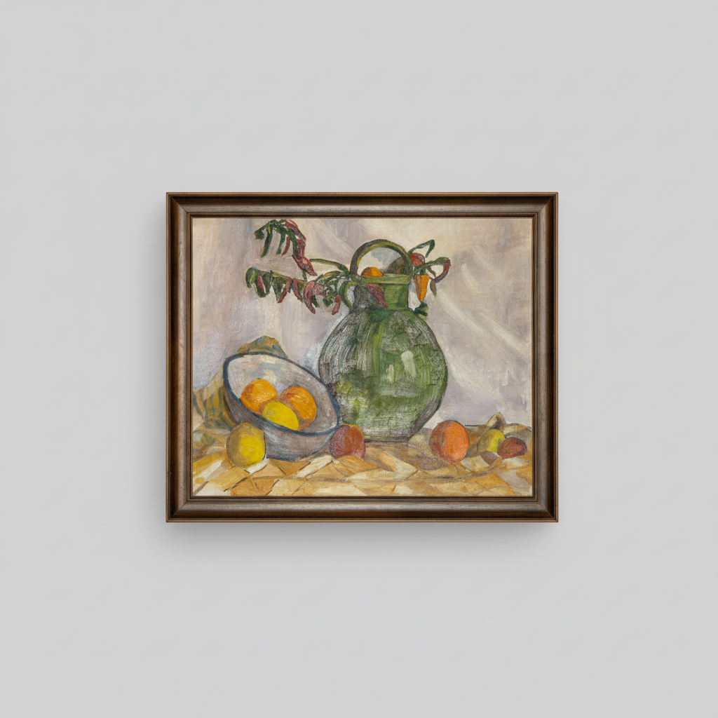 A framed still life painting featuring a green glass vase with dried leaves, oranges, and a bowl of fruit, set against a light gray background.
