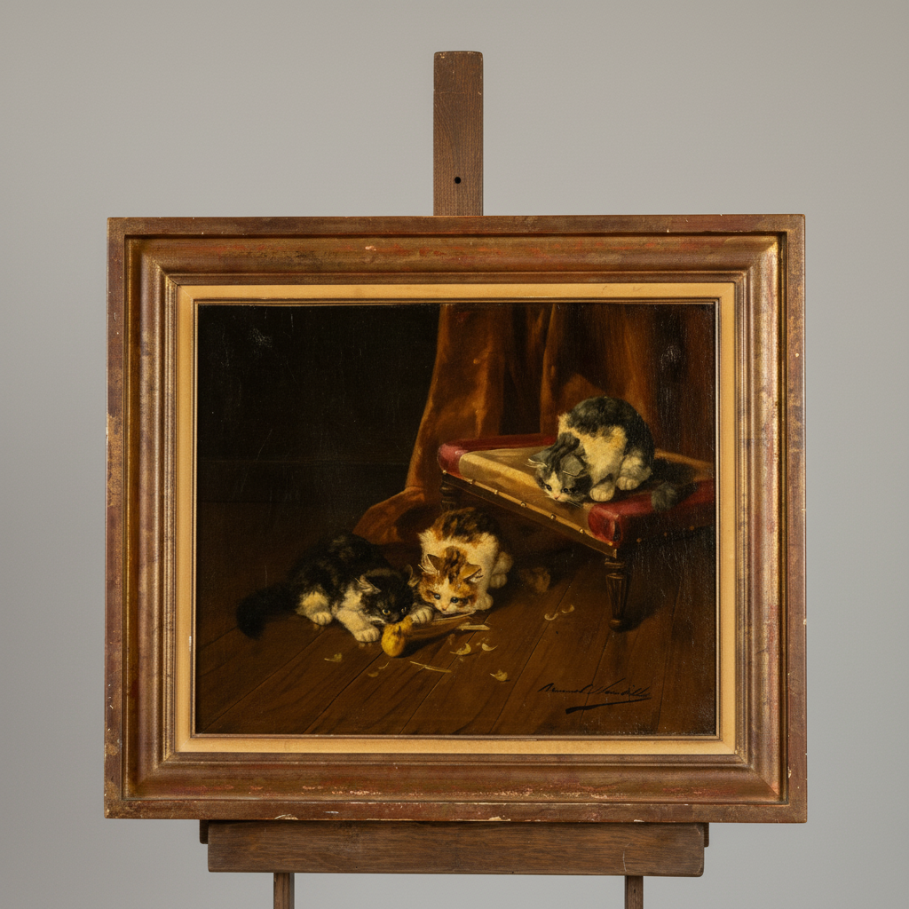 A framed oil painting depicting two kittens in a dimly lit room, mounted on a wooden easel against a neutral gray background.