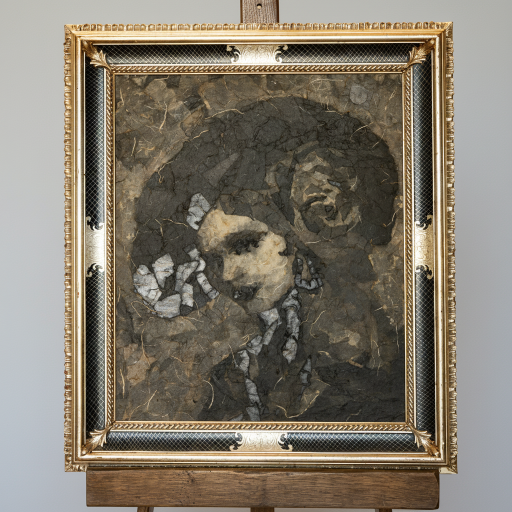 A framed artwork on an easel showing a textured portrait of a person with a large dark afro hairstyle, rendered in earthy black, brown, beige, and gray tones. The frame is ornate gold with black textured inner panels.